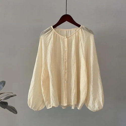 Load image into Gallery viewer, Retro Round Neck Blouse Women Spring Summer Solid Pleated Shirt Fashion Holiday Long Sleeve Top 2024 Casual Loose Sun Protection
