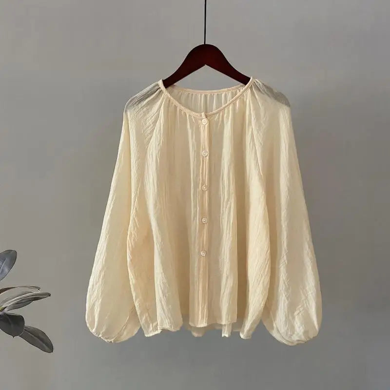 Retro Round Neck Blouse Women Spring Summer Solid Pleated Shirt Fashion Holiday Long Sleeve Top 2024 Casual Loose Sun Protection