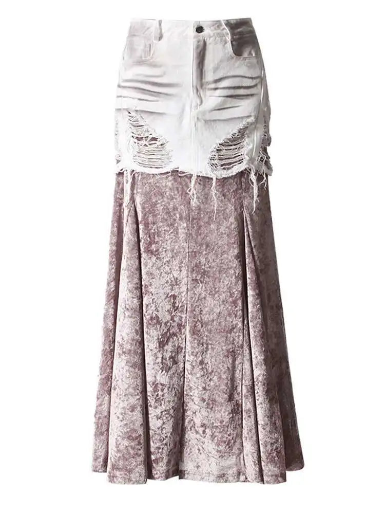 Velvet Denim T-shirt Half-body Skirt Two Pieces Suit New Slash Neck Long Sleeve Women Fashion Spring Autumn 2025 7AB6039