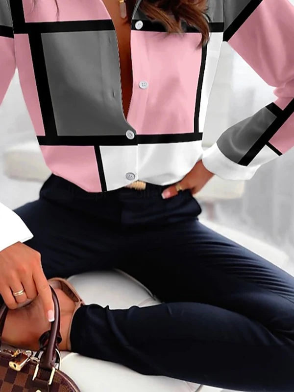 Women's Long Sleeves Plaid Blouses Shirts 2025 Summer Contrast Color Lapel Collar Buttoned Loose Urban Shirts for Woman