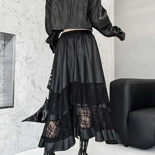 Load image into Gallery viewer, High Elastic Waist Black Pu Leather Lace Hem Casual Half-body Skirt Women Fashion Tide New Spring Autumn 2025 1DH7283
