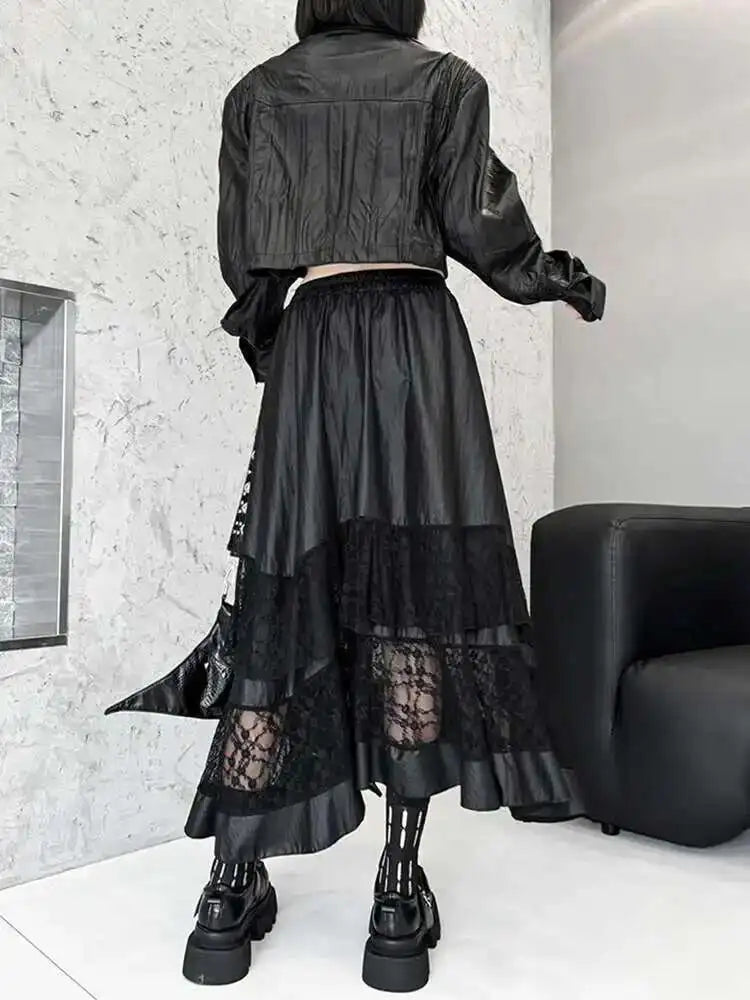 High Elastic Waist Black Pu Leather Lace Hem Casual Half-body Skirt Women Fashion Tide New Spring Autumn 2025 1DH7283