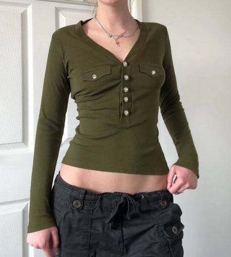 Mall Goth Top y2k Women Solid Color V Neck Upper Button Down Long Sleeve T Shirts with Fake Pockets 2000s Streetwear
