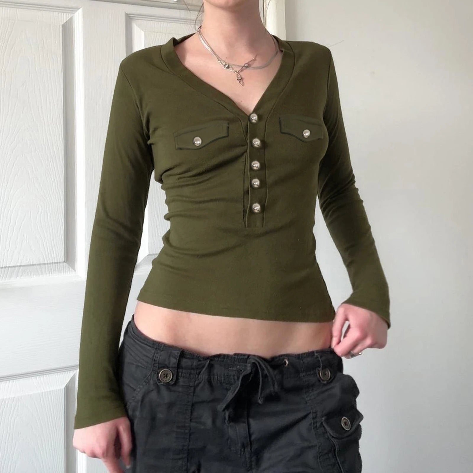 Mall Goth Top y2k Women Solid Color V Neck Upper Button Down Long Sleeve T Shirts with Fake Pockets 2000s Streetwear