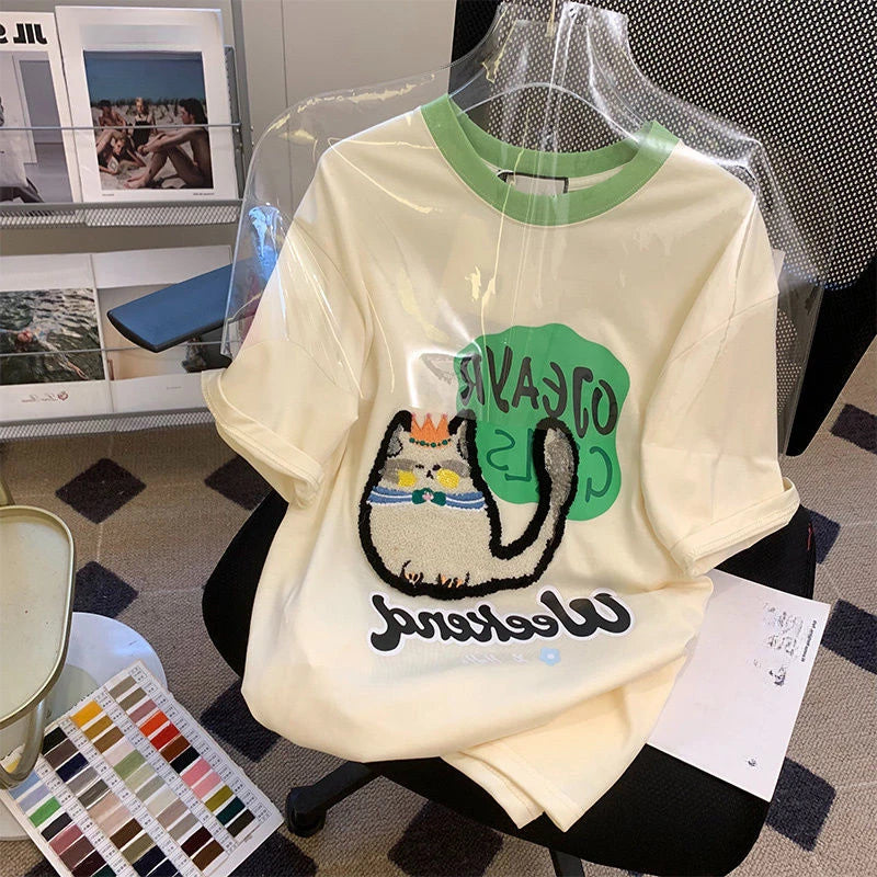 Cotton Tshirts Women Cartoon Print Tees Short Sleeve O-neck Fashion Camisetas Y2k Tops Casual Korean Summer Oversized T-shirt