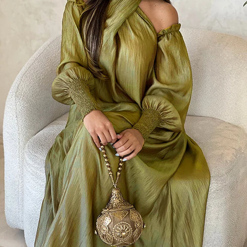 Load image into Gallery viewer, American Retro Halter-neck Loose Dress Cold Shoulder Puff Sleeves H-line Maxi Dress 2025 New Elegant Evening Dresses
