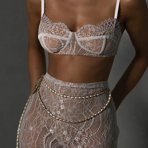 Load image into Gallery viewer, Sexy Lace Metal Zipper Two Piece Women's Tight Fit Bikini Top Elegant And Transparent Maxi Female Skirt Beach Party Suit
