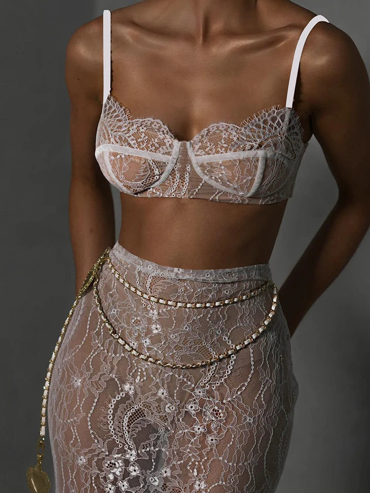 Sexy Lace Metal Zipper Two Piece Women's Tight Fit Bikini Top Elegant And Transparent Maxi Female Skirt Beach Party Suit