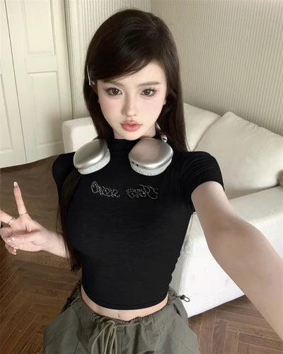 Load image into Gallery viewer, 2025 Letter Rhinestones Short Sleeve T-shirts Half High Collar Basic Vintage Cropped Tops Women Y2k Aesthetic Slim Harajuku Tees
