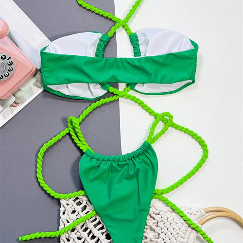 Load image into Gallery viewer, Green Cross Halter Bikini 2024 Sexy Swimwear Women Brazilian Swimsuit Around Bandage Biquini Cut Out Bathing Suit
