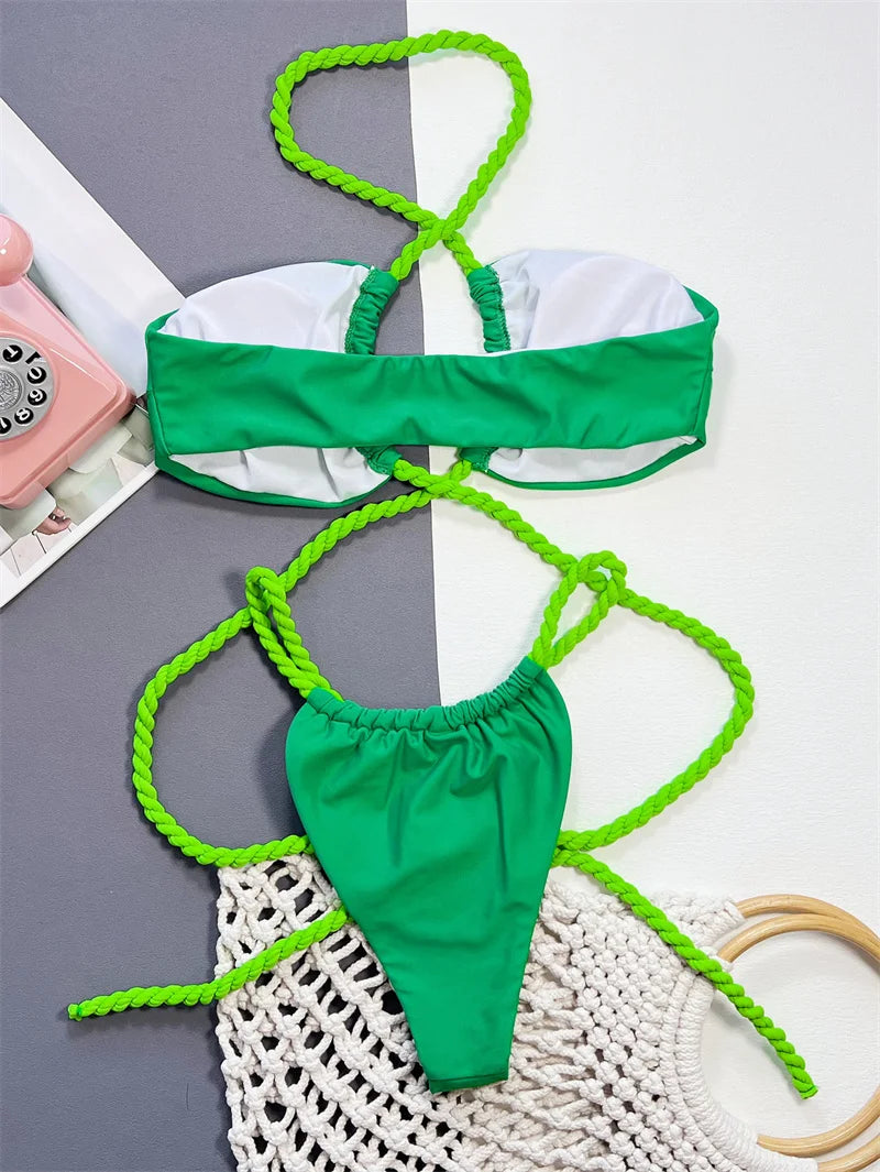 Green Cross Halter Bikini 2024 Sexy Swimwear Women Brazilian Swimsuit Around Bandage Biquini Cut Out Bathing Suit