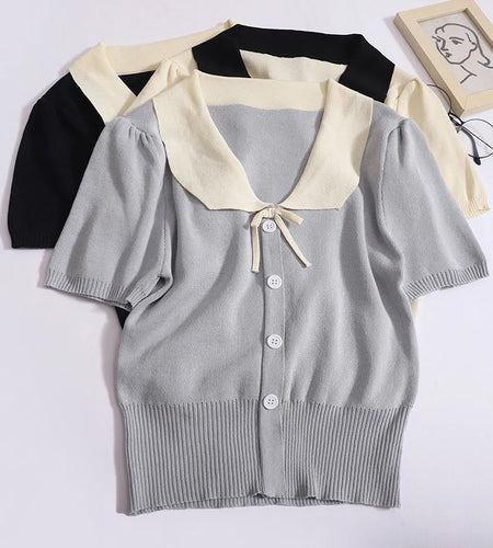 Vintage Women's Sweet 2024 New Fashion Patchwork Short Sleeve Single Breasted Elegant Knit Tops Summer Lapel Holiday Clothing