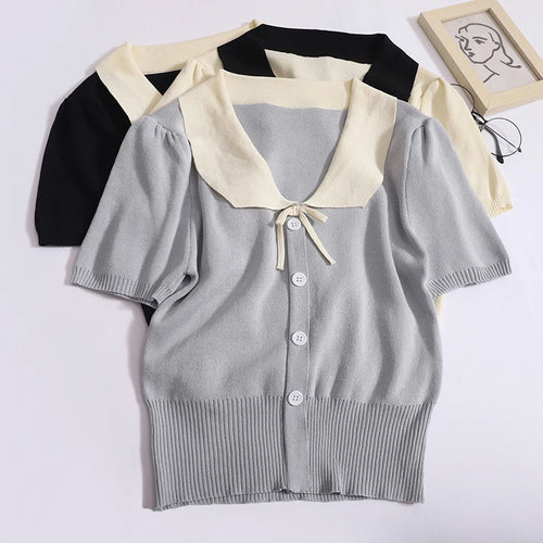 Load image into Gallery viewer, Vintage Women&#39;s Sweet 2024 New Fashion Patchwork Short Sleeve Single Breasted Elegant Knit Tops Summer Lapel Holiday Clothing
