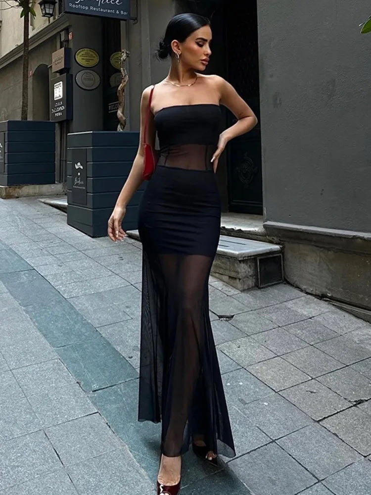 Sexy Strapless Mesh Fishtail Dress For Women 2024 Summer New Perspective Slim Fit Long Dress Elegant Party Evening Dress