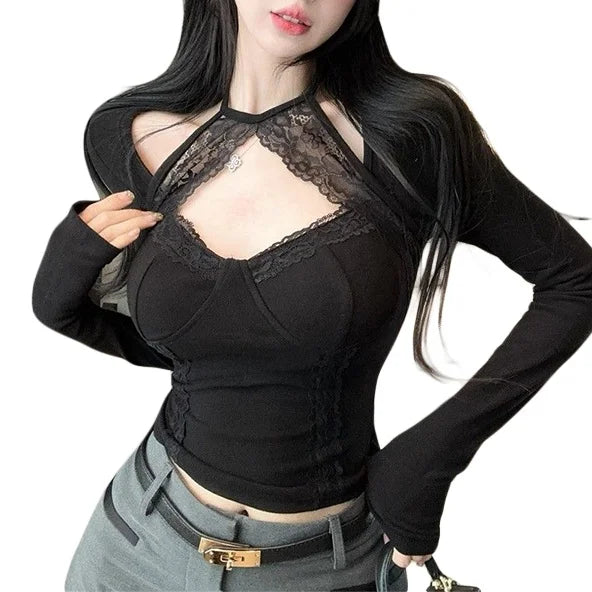 y2k Crop Top Women Fairycore Clothing Lace Patchwork Round Neck Long Sleeve Halter Neck T Shirt 2000s Aesthetic Clothes