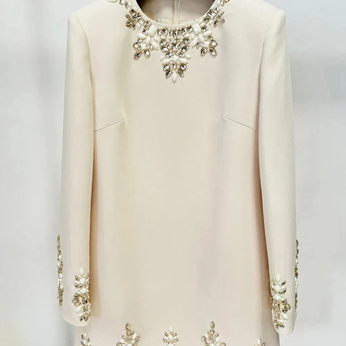 Load image into Gallery viewer, Solid Spliced Diamonds Slimming Dresses For Women O Neck Long Sleeve High Waist Temperament Dress Female Fashion
