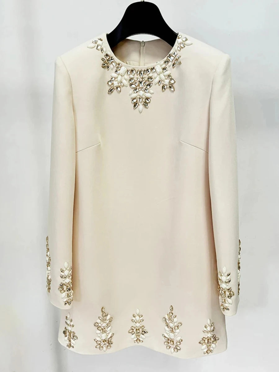 Solid Spliced Diamonds Slimming Dresses For Women O Neck Long Sleeve High Waist Temperament Dress Female Fashion