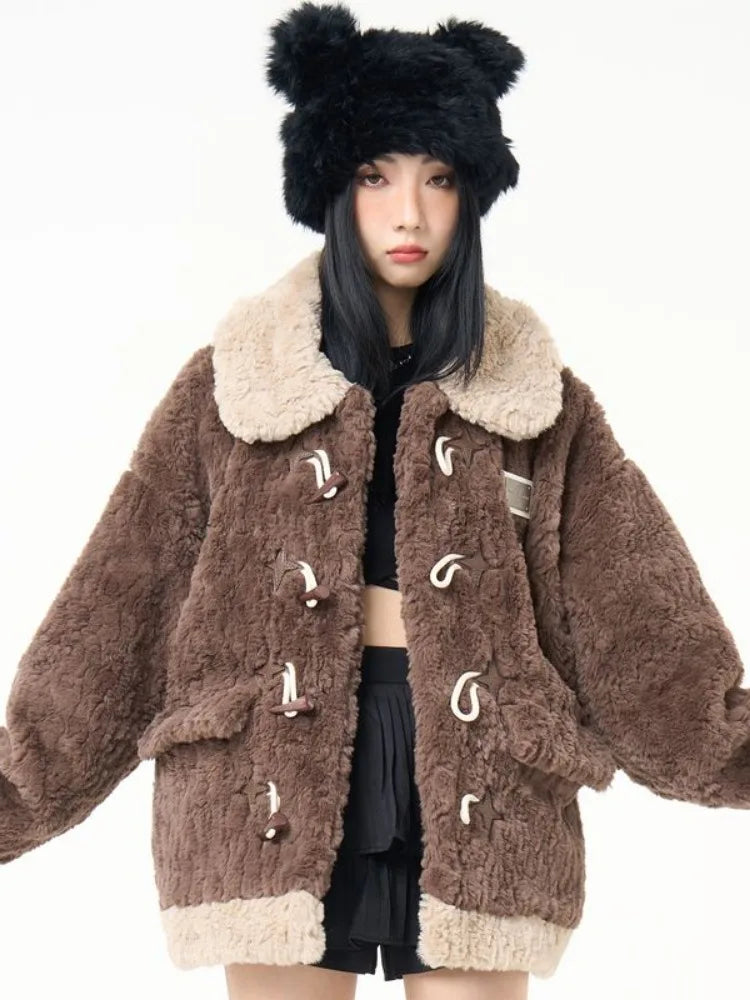 Contrast Color Streetwear Fashion Fluffy Warm Jackets Y2k Aesthetic All Match Horn Button Tops Casual Grunge Loose Coats Women