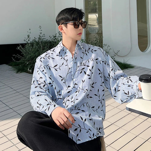 Load image into Gallery viewer, Striped Men's Shirts Long Sleeves Korean New Fashion Leaf Printed Male Single Breasted Male Clothing Lapel Shirt 9W1404
