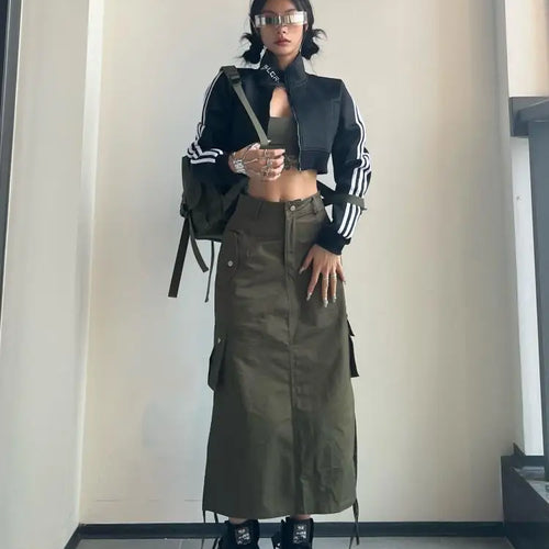Load image into Gallery viewer, Fashion Long Cargo Skirt Women Y2k Streetwear Vintage Pocket High Waist Side Split Shirring Casual Straight Midi Skirt Korean
