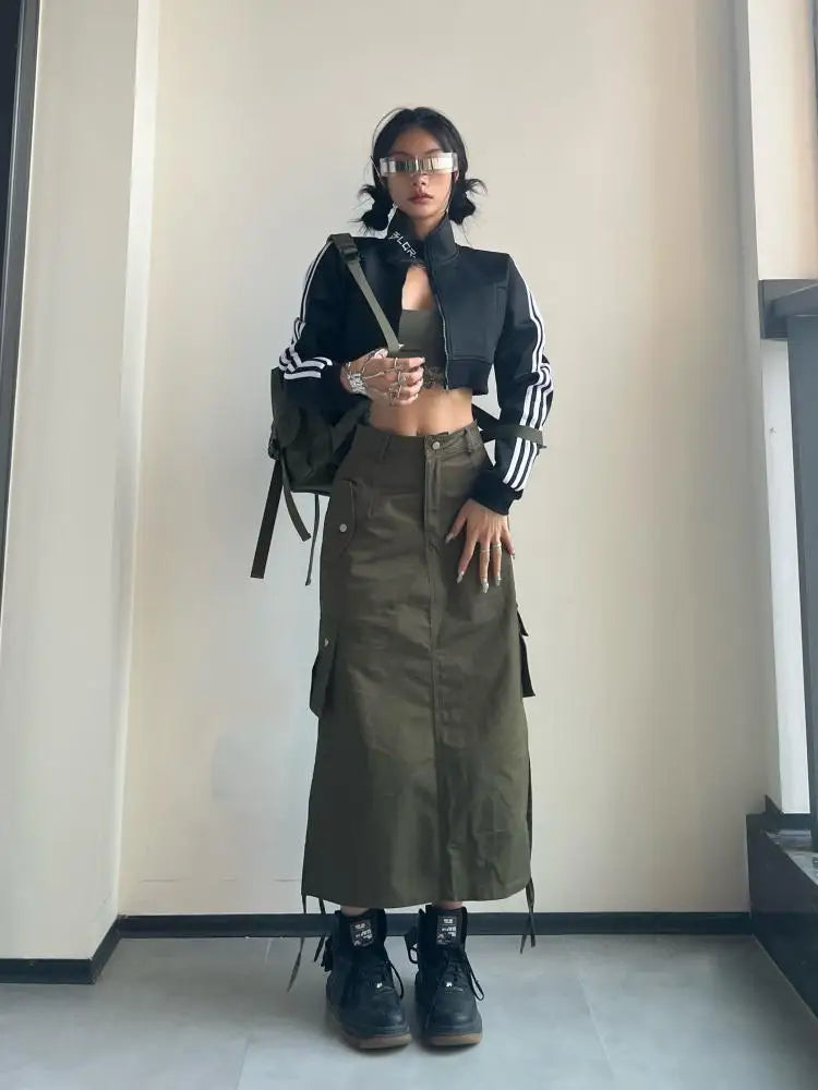 Fashion Long Cargo Skirt Women Y2k Streetwear Vintage Pocket High Waist Side Split Shirring Casual Straight Midi Skirt Korean