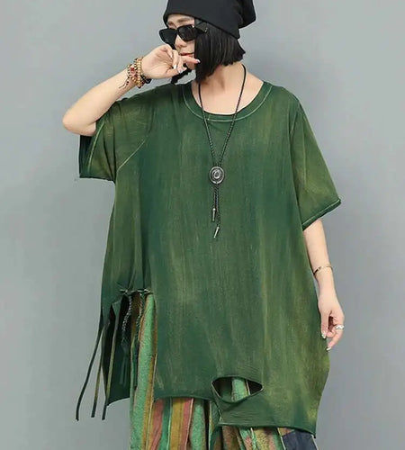 Women Orange Red Holes Big Size Casual Long T-shirt New Round Neck Half Sleeve Fashion Tide Spring Autumn 2025 1DJ0279