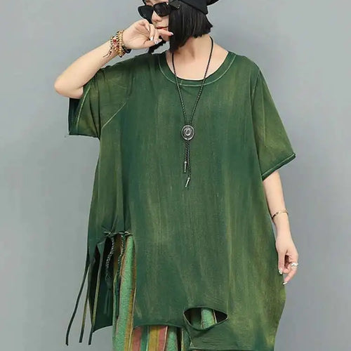 Load image into Gallery viewer, Women Orange Red Holes Big Size Casual Long T-shirt New Round Neck Half Sleeve Fashion Tide Spring Autumn 2025 1DJ0279
