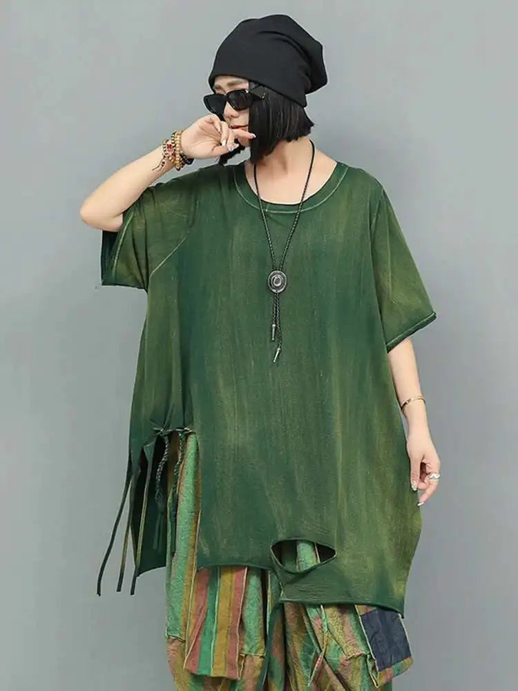 Women Orange Red Holes Big Size Casual Long T-shirt New Round Neck Half Sleeve Fashion Tide Spring Autumn 2025 1DJ0279