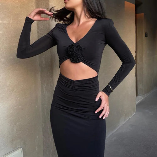 Load image into Gallery viewer, Elegant Flower Hollow Out Midi Dress For Women Black V Neck Long Sleeve Bodycon Sexy Dress Female Skinny Party Dress
