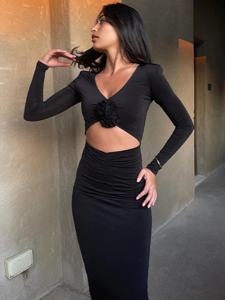Elegant Flower Hollow Out Midi Dress For Women Black V Neck Long Sleeve Bodycon Sexy Dress Female Skinny Party Dress