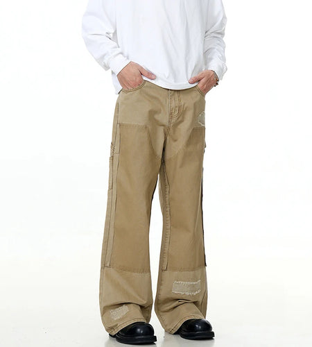 American Men's Cargo Jeans Straight Wide Leg Trendy Hole Solid Color Stylish Pockets Male Causal Bottoms Summer 9W1894