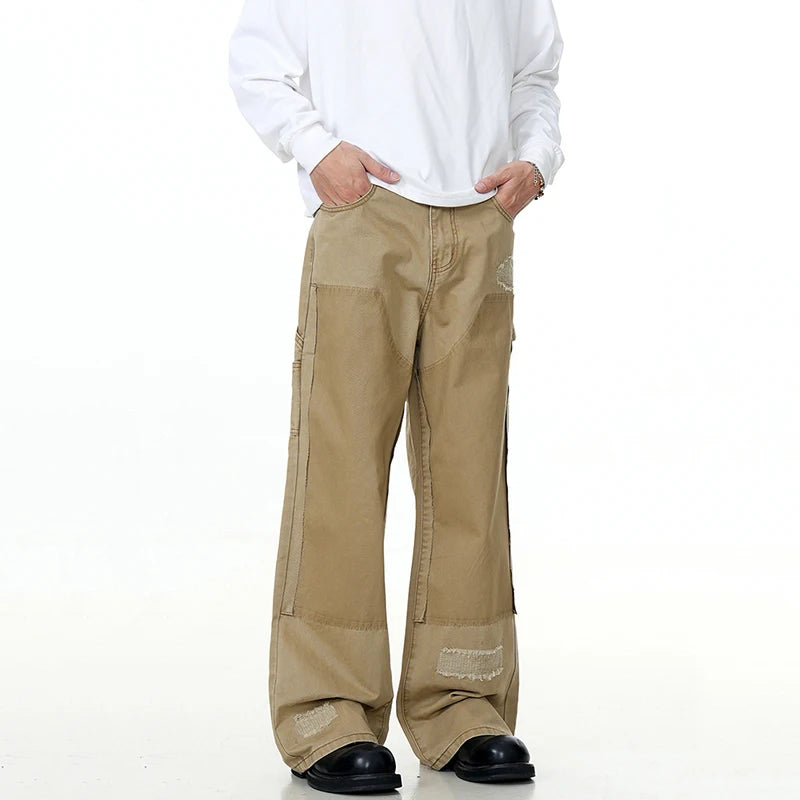 American Men's Cargo Jeans Straight Wide Leg Trendy Hole Solid Color Stylish Pockets Male Causal Bottoms Summer 9W1894