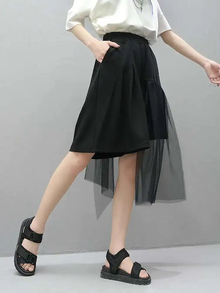 High Elastic Waist Irregular Mesh Black Wide Leg Pants New Loose Fit Trousers Women Fashion Spring Summer 2025 1DF4795