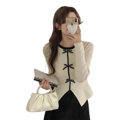 Load image into Gallery viewer, y2k Crop Top Women Fairycore Clothing Round Neck Long Sleeve T Shirt with Bow Decor 2000s Aesthetic Clothes Streetwear
