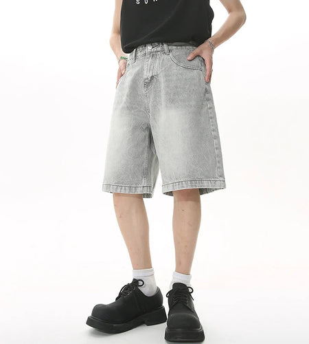 Summer Men's Casual Jeans Shorts Loose Mid High Waist Fashion Knee Lenght Denim Short Pants Vintage Male Korean 9A8588