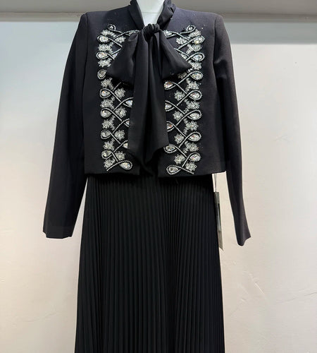 Two Piece Set For Women O Neck Long Sleeve Patchwork Diamonds Coat Lace Up Sleeveless High Waist Dress Sets Female