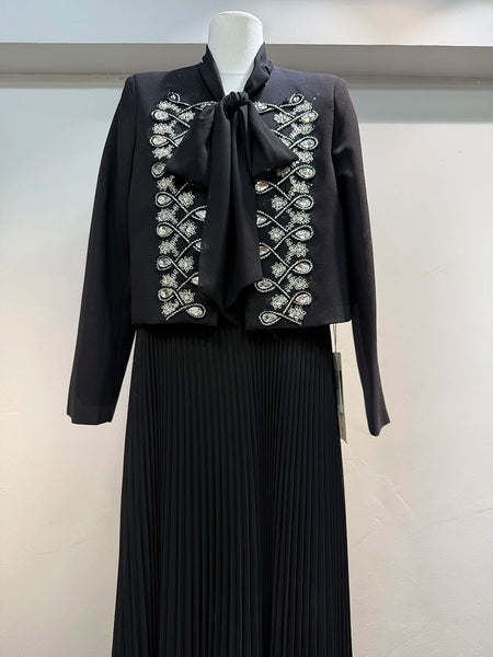 Two Piece Set For Women O Neck Long Sleeve Patchwork Diamonds Coat Lace Up Sleeveless High Waist Dress Sets Female