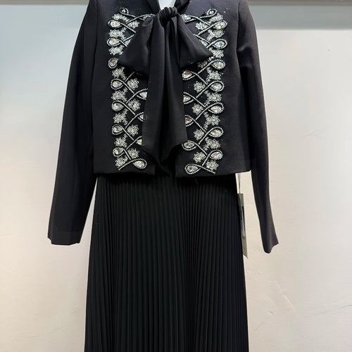 Load image into Gallery viewer, Two Piece Set For Women O Neck Long Sleeve Patchwork Diamonds Coat Lace Up Sleeveless High Waist Dress Sets Female
