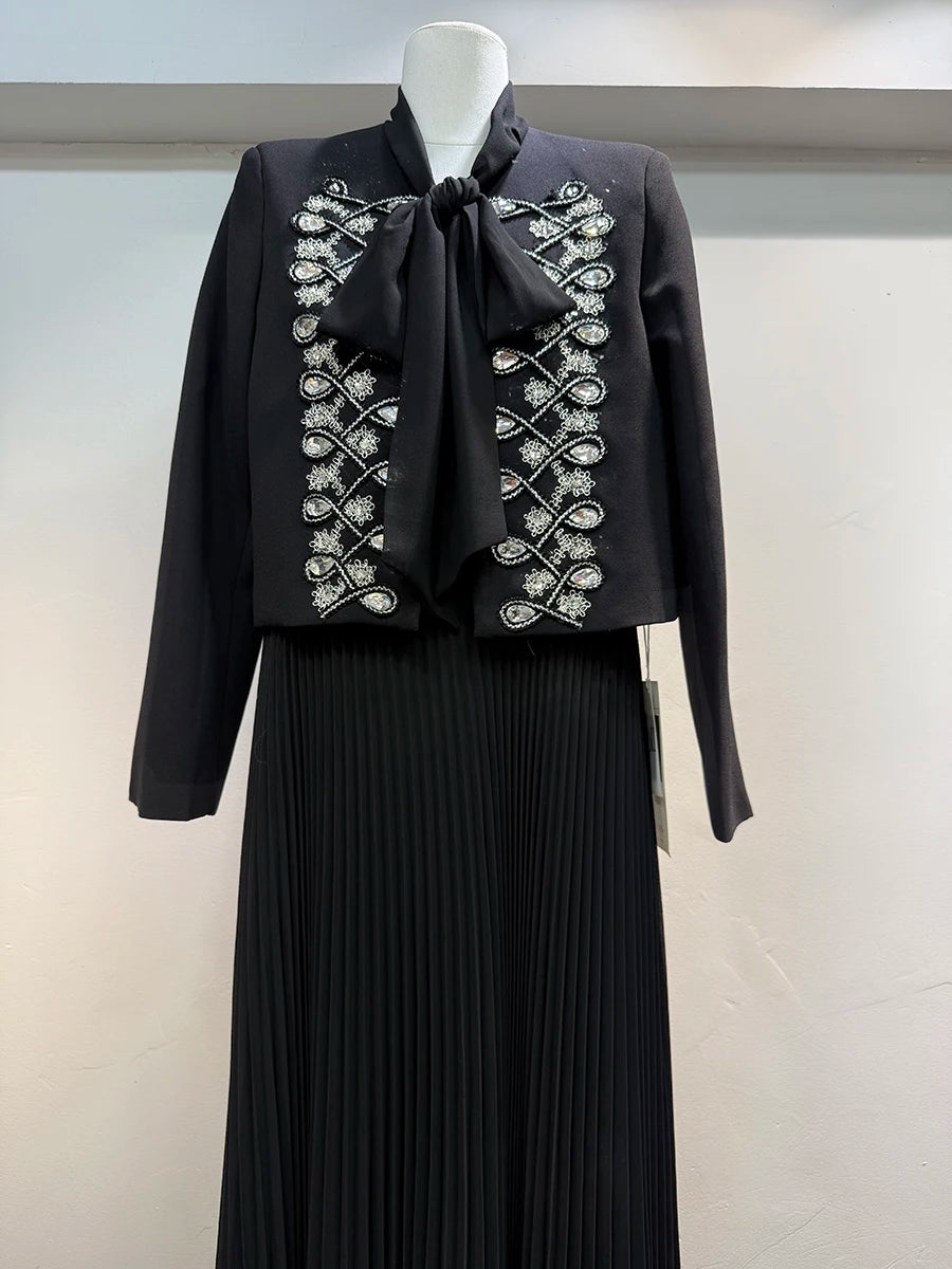 Two Piece Set For Women O Neck Long Sleeve Patchwork Diamonds Coat Lace Up Sleeveless High Waist Dress Sets Female