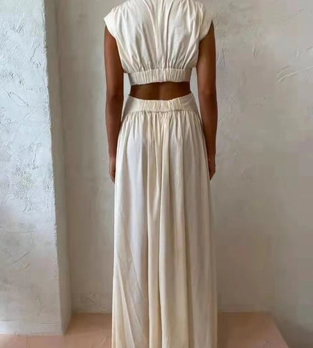Minimalist Fashion Cut Out Dress For Women Stand Collar Sleeveless High Waist Solid  Midi Dresses Female 2022 Summer Clothes