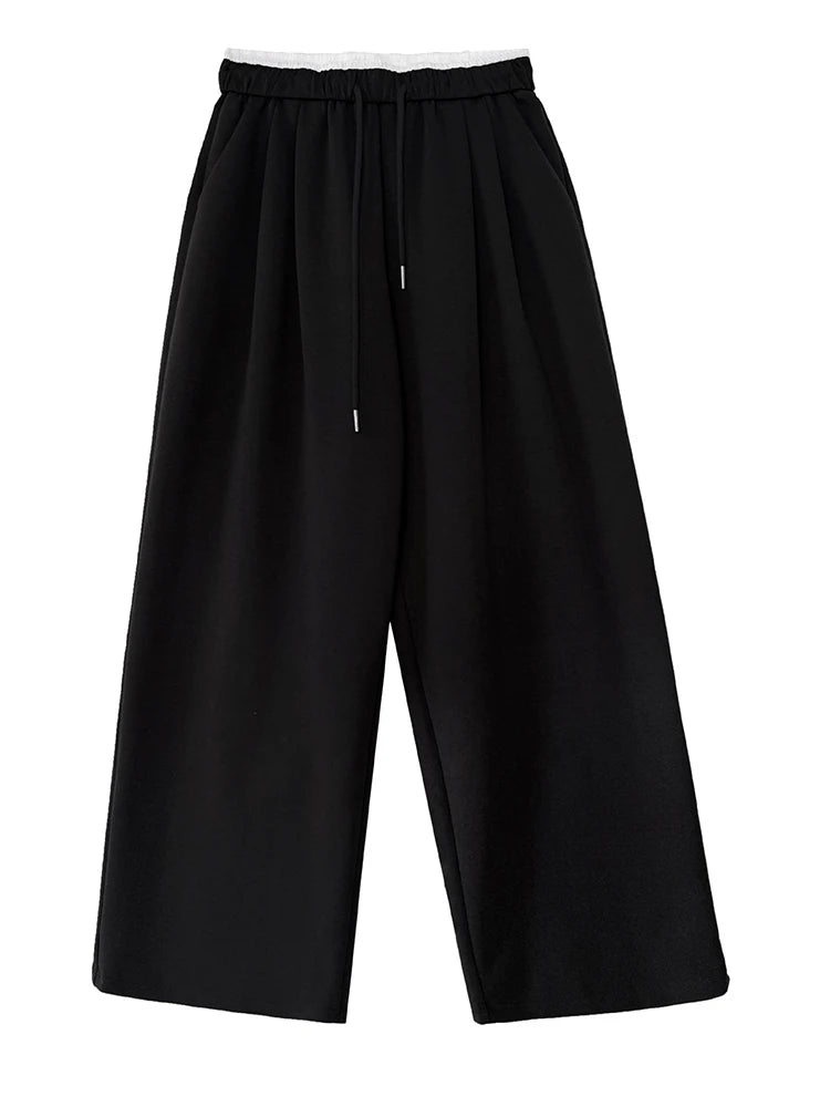 High Elastic Waist Gray White Color-block Long Wide Leg Pants New Trousers Women Fashion Tide Spring Autumn 2025 1DJ0929