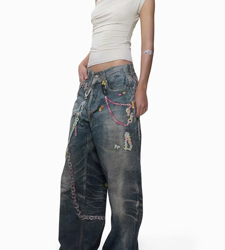 Hit Color Loose Casual Spliced Chain Jeans For Women High Waist Chic Wide Leg Pant Female Fashion Style Clothes New