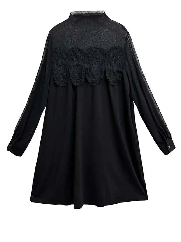 Women Black Mesh Lace Big Size Elegant Knee-Length Dress New Turtleneck Long Sleeve Fashion Spring Autumn 2025 1DH8734