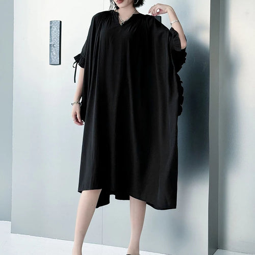 Load image into Gallery viewer, Women Black Bandage Ruffles Big Size Midi Dress New V-Neck Half Batwing Sleeve Fashion Tide Spring Autumn 2025 1DJ1044
