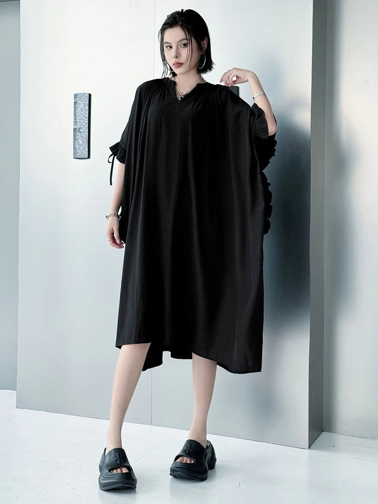 Women Black Bandage Ruffles Big Size Midi Dress New V-Neck Half Batwing Sleeve Fashion Tide Spring Autumn 2025 1DJ1044