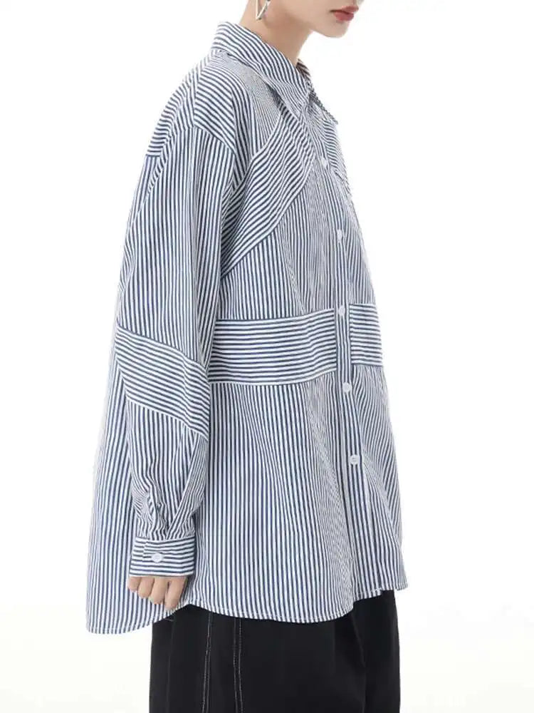 Women Blue Striped Big Size Casual Blouse New Lapel Long Sleeve Loose Fit Shirt Fashion Tide Spring Autumn 2025  1DH2926