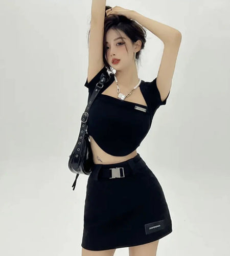 Korean Style Kpop Streetwear Ciop Tshirt Women Sexy Solid Crop Tops Y2k Harajuku Shirts Square Collar Tees Summer