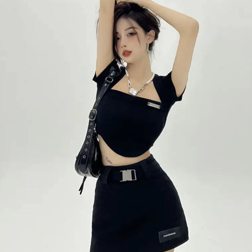 Load image into Gallery viewer, Korean Style Kpop Streetwear Ciop Tshirt Women Sexy Solid Crop Tops Y2k Harajuku Shirts Square Collar Tees Summer
