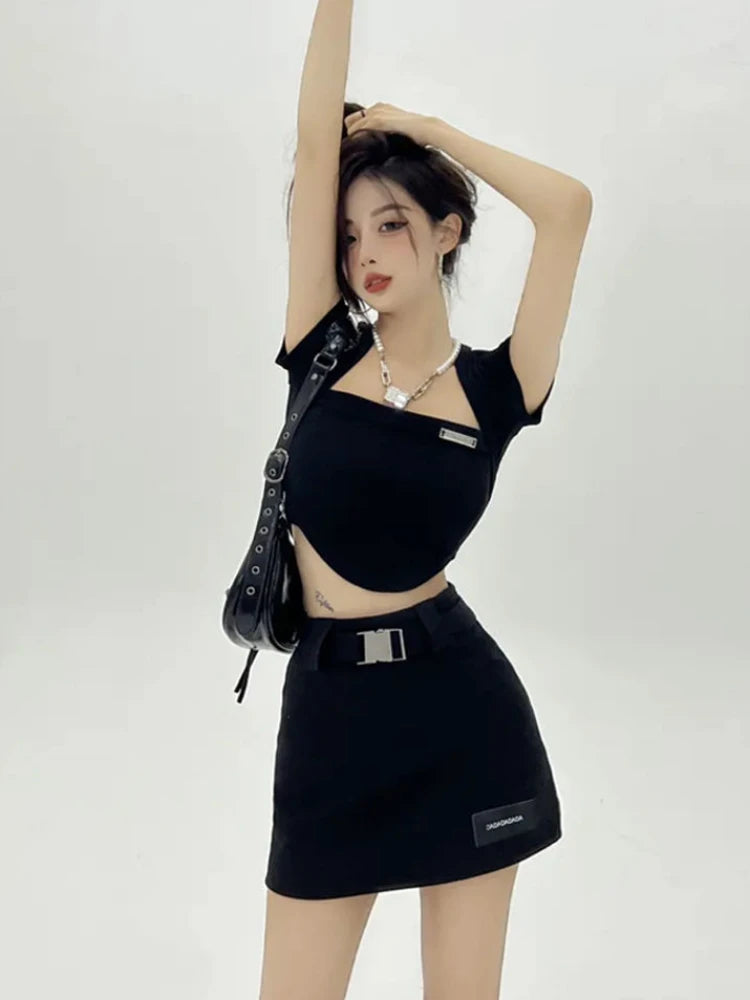 Korean Style Kpop Streetwear Ciop Tshirt Women Sexy Solid Crop Tops Y2k Harajuku Shirts Square Collar Tees Summer