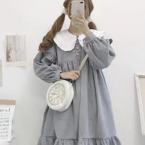 Load image into Gallery viewer, Sweet Kawaii Lolita Dress Ruffles Soft Girl School Student Preppy Style Cute Peter Pan Collar Party Dresses Autumn
